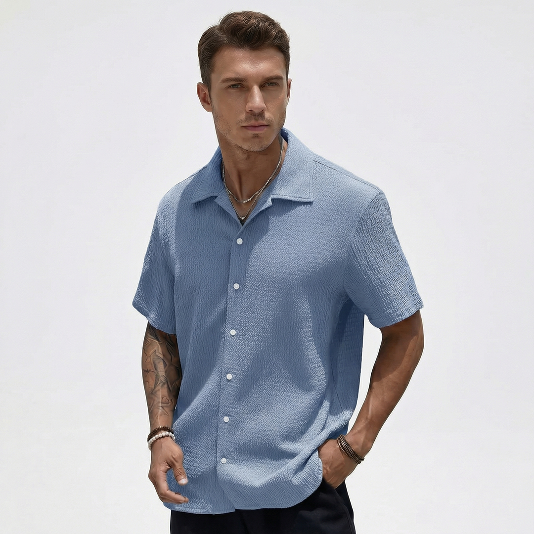 Ribbed Short Sleeve Button Down Shirt - Camp Collar Summer Shirt