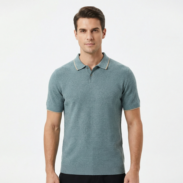 Knit Polo Shirt Men - Textured Short Sleeve Tipped Collar Summer Top