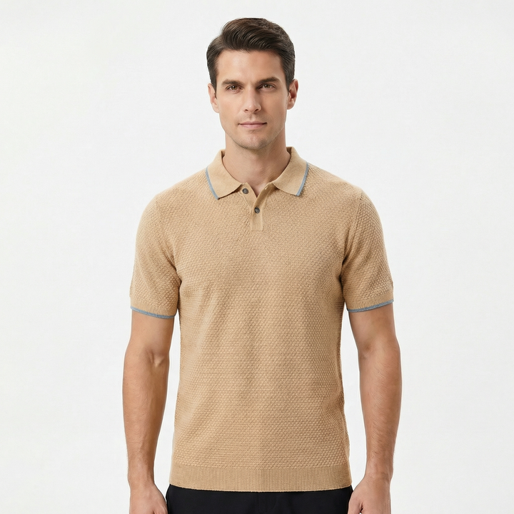 Knit Polo Shirt Men - Textured Short Sleeve Tipped Collar Summer Top