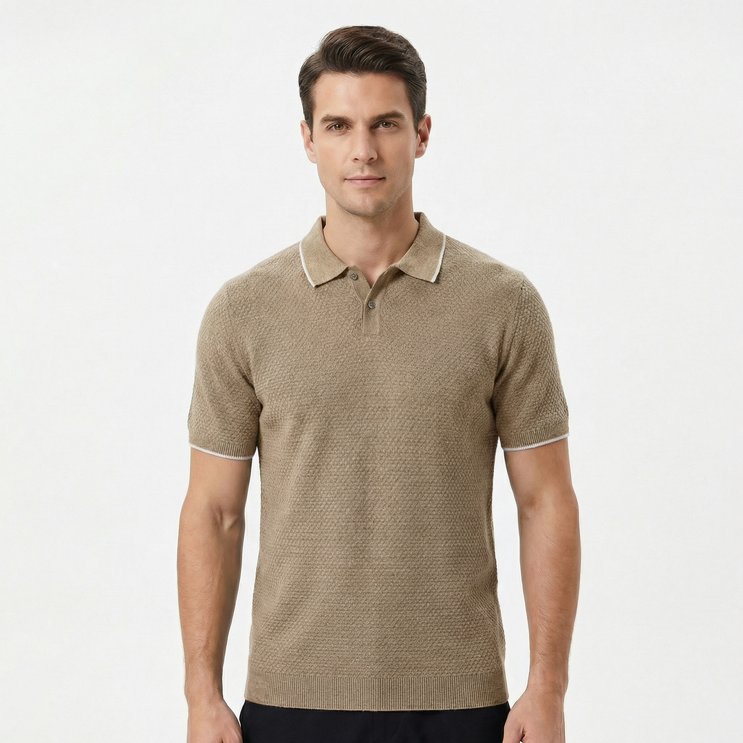Knit Polo Shirt Men - Textured Short Sleeve Tipped Collar Summer Top