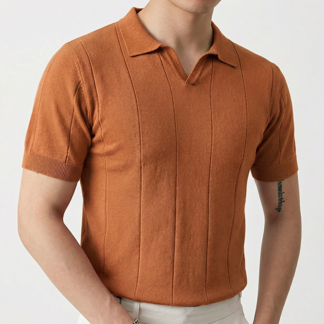 Knit Polo Shirt Men - Johnny Collar Ribbed Stripe Short Sleeve Top