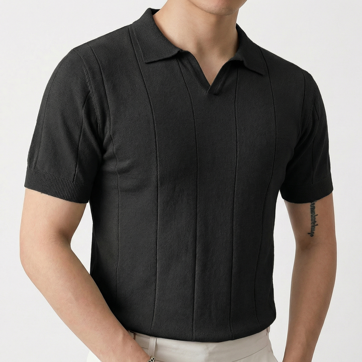 Knit Polo Shirt Men - Johnny Collar Ribbed Stripe Short Sleeve Top