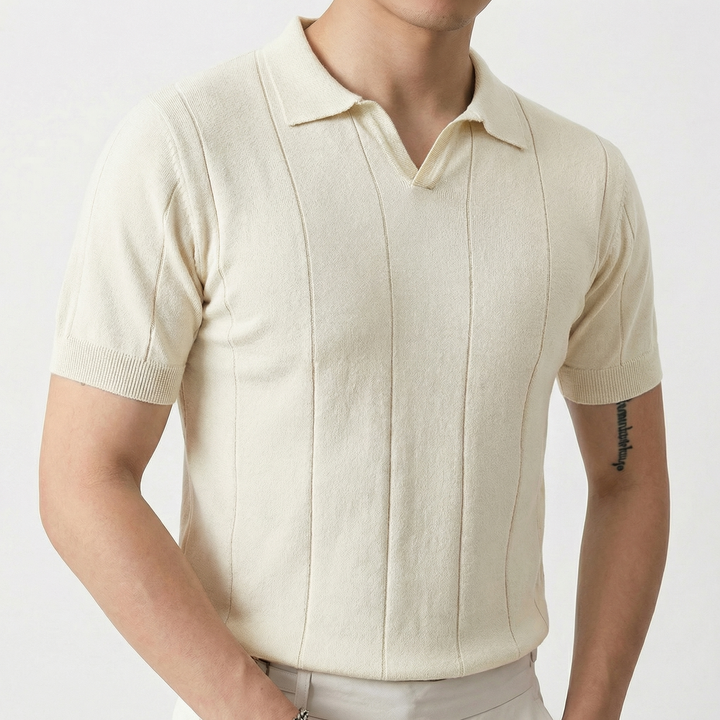 Knit Polo Shirt Men - Johnny Collar Ribbed Stripe Short Sleeve Top