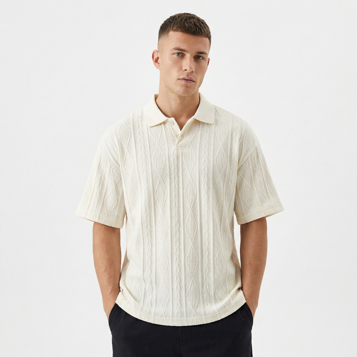 Oversized Knit Polo Shirt Men - Cable Knit Textured Short Sleeve Top
