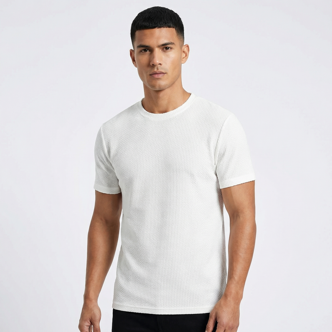 Waffle Knit T-Shirt - Textured Crew Neck Short Sleeve Summer Tee