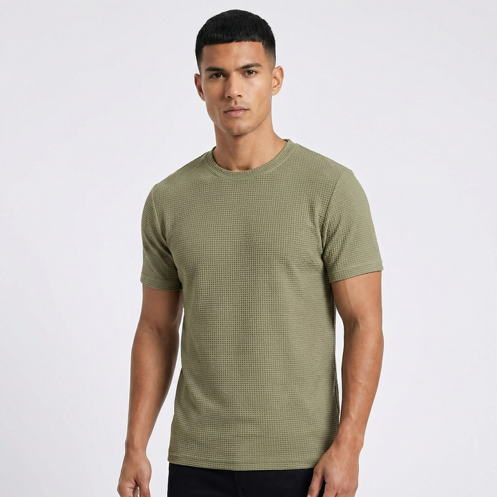 Waffle Knit T-Shirt - Textured Crew Neck Short Sleeve Summer Tee
