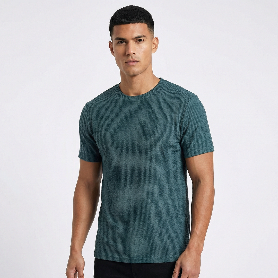 Waffle Knit T-Shirt - Textured Crew Neck Short Sleeve Summer Tee