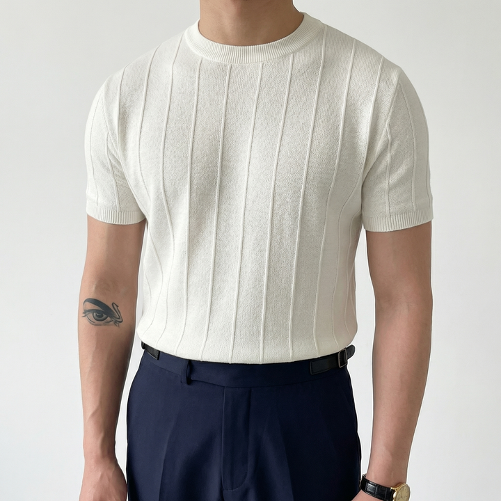 Ribbed Knit T-Shirt Men - Slim Fit Crew Neck Short Sleeve Summer Top