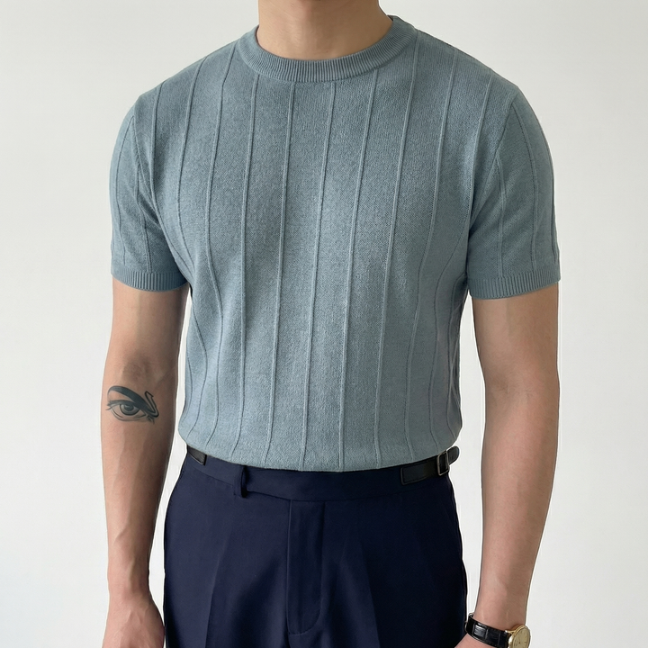Ribbed Knit T-Shirt Men - Slim Fit Crew Neck Short Sleeve Summer Top
