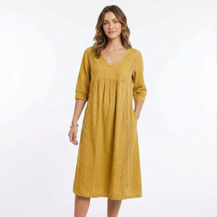 Linen Dress Women - V Neck Midi Dress with Pockets Boho Summer Dress
