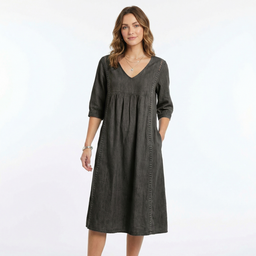 Linen Dress Women - V Neck Midi Dress with Pockets Boho Summer Dress