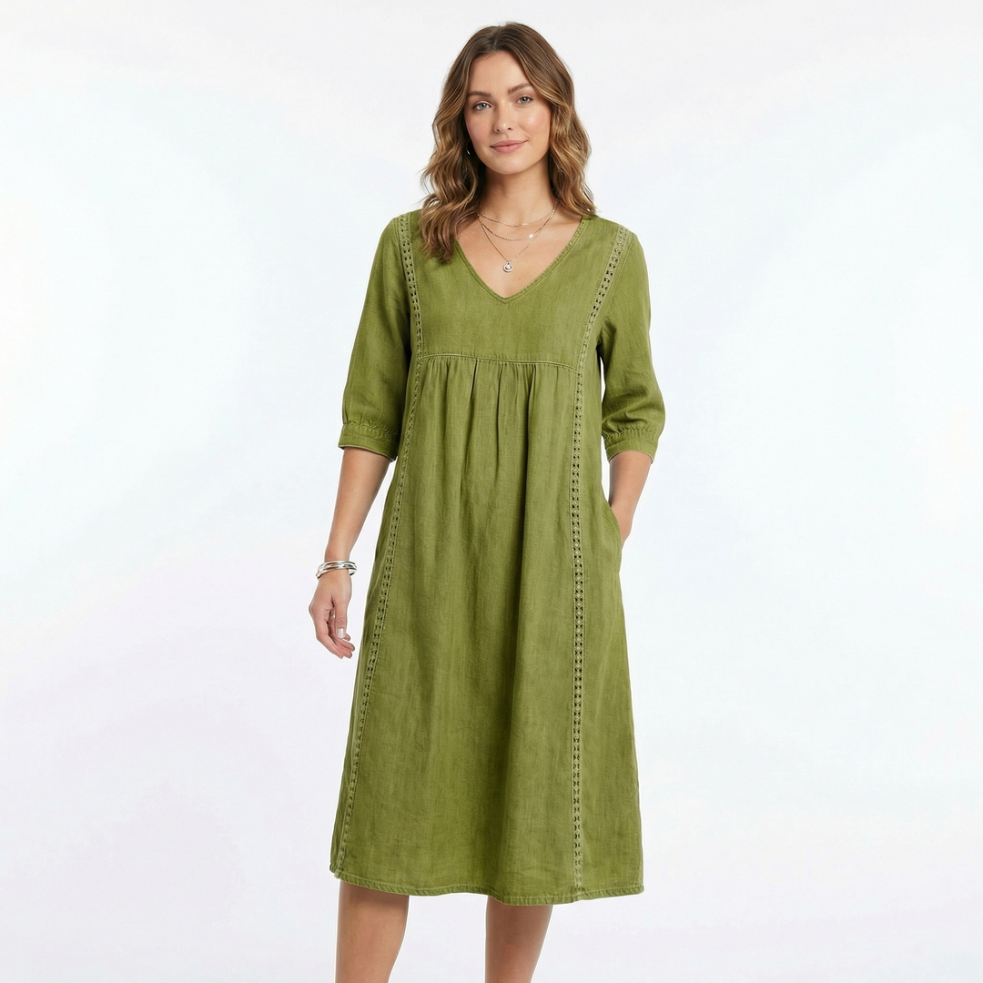 Linen Dress Women - V Neck Midi Dress with Pockets Boho Summer Dress