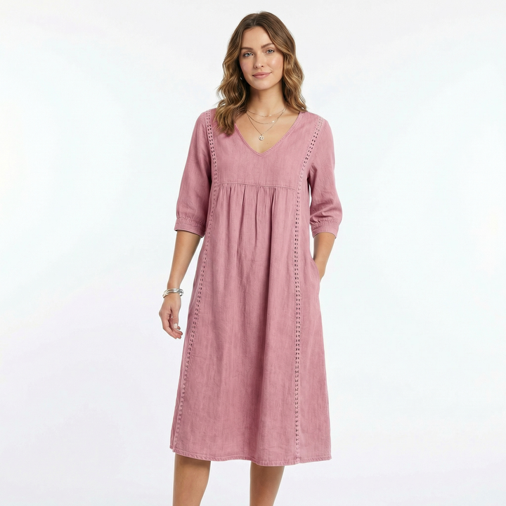 Linen Dress Women - V Neck Midi Dress with Pockets Boho Summer Dress