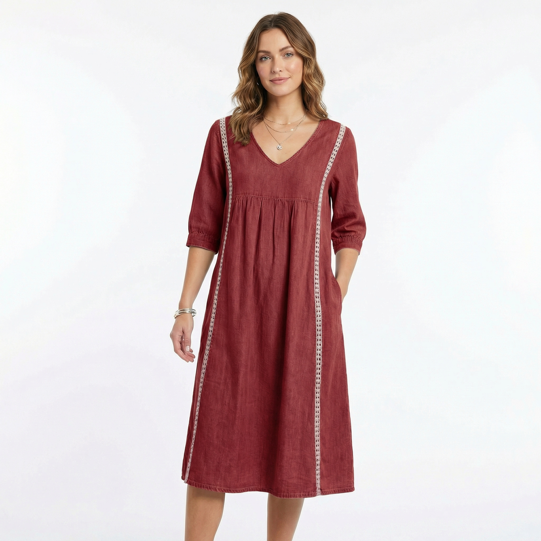 Linen Dress Women - V Neck Midi Dress with Pockets Boho Summer Dress