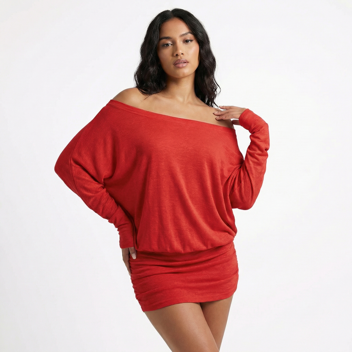 Off Shoulder Mini Dress  - Batwing Sleeve Ruched Bodycon Party Dress