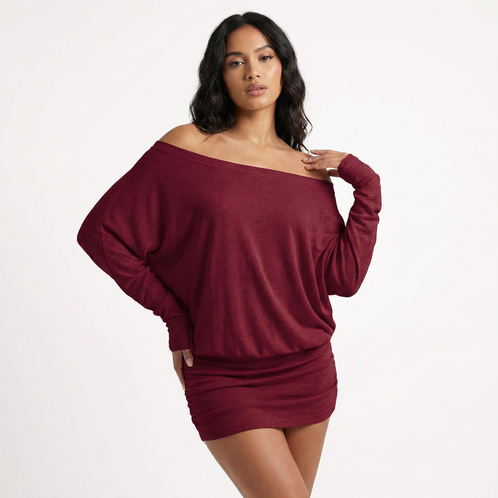 Off Shoulder Mini Dress  - Batwing Sleeve Ruched Bodycon Party Dress