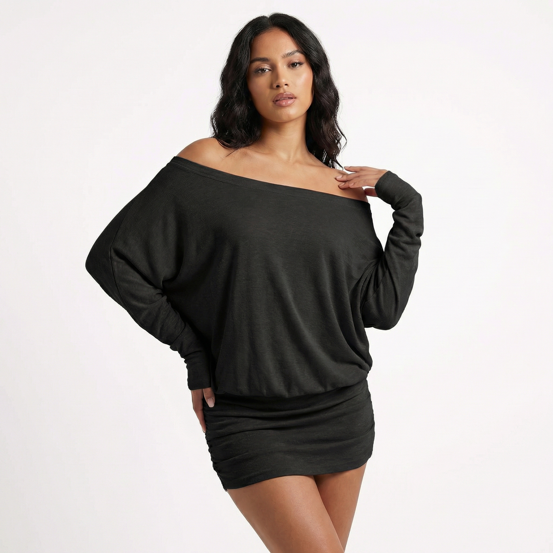 Off Shoulder Mini Dress  - Batwing Sleeve Ruched Bodycon Party Dress