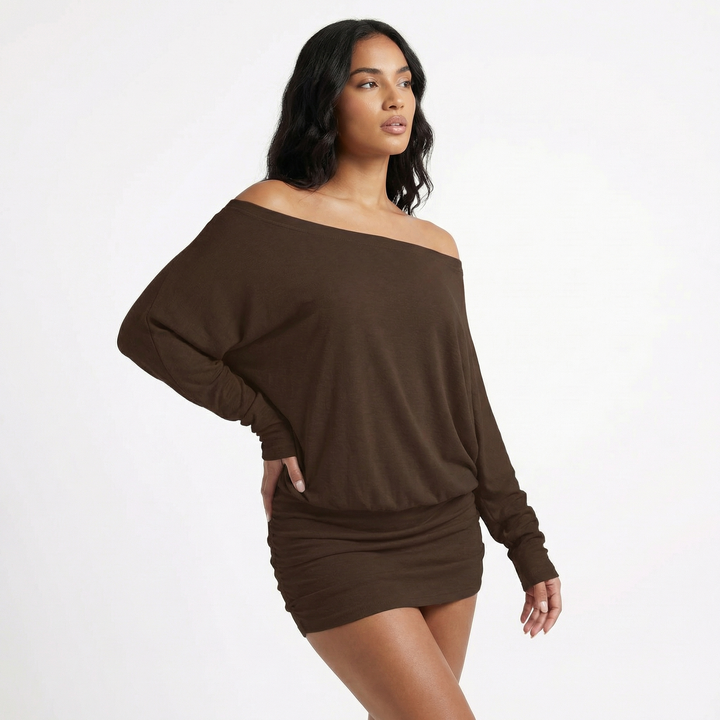 Off Shoulder Mini Dress  - Batwing Sleeve Ruched Bodycon Party Dress