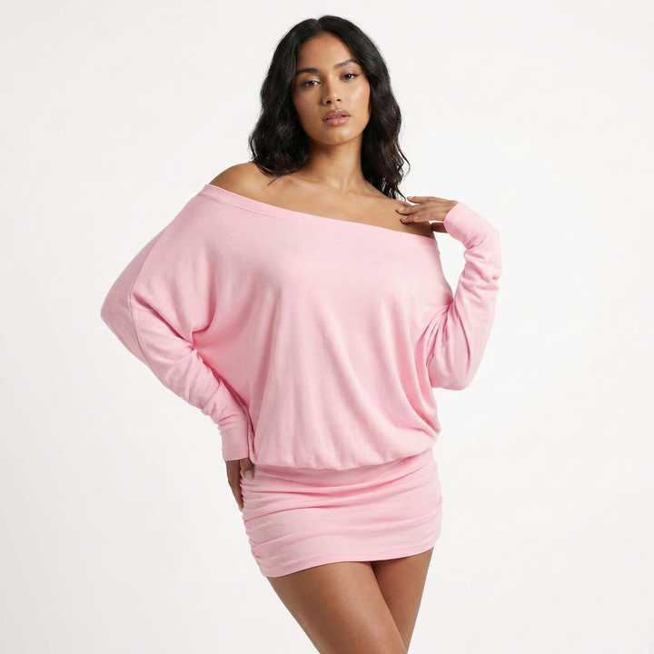 Off Shoulder Mini Dress  - Batwing Sleeve Ruched Bodycon Party Dress