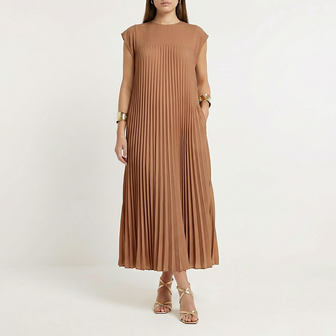 Pleated Maxi Dress Women - Cap Sleeve Crew Neck Flowy Summer Dress