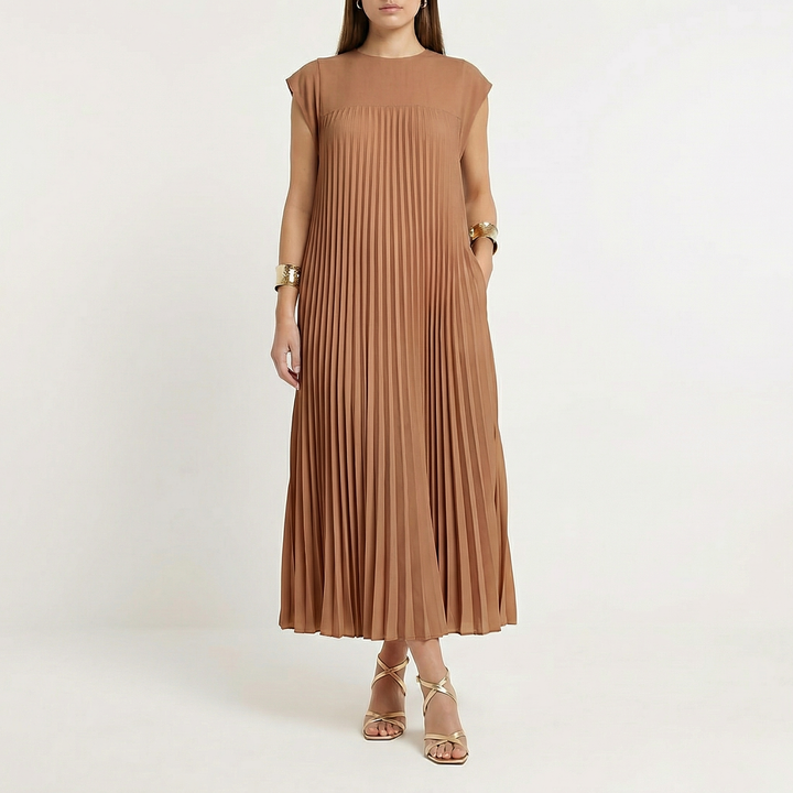 Pleated Maxi Dress Women - Cap Sleeve Crew Neck Flowy Summer Dress