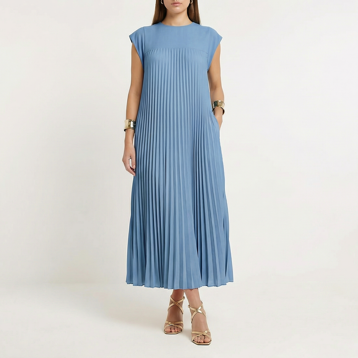 Pleated Maxi Dress Women - Cap Sleeve Crew Neck Flowy Summer Dress