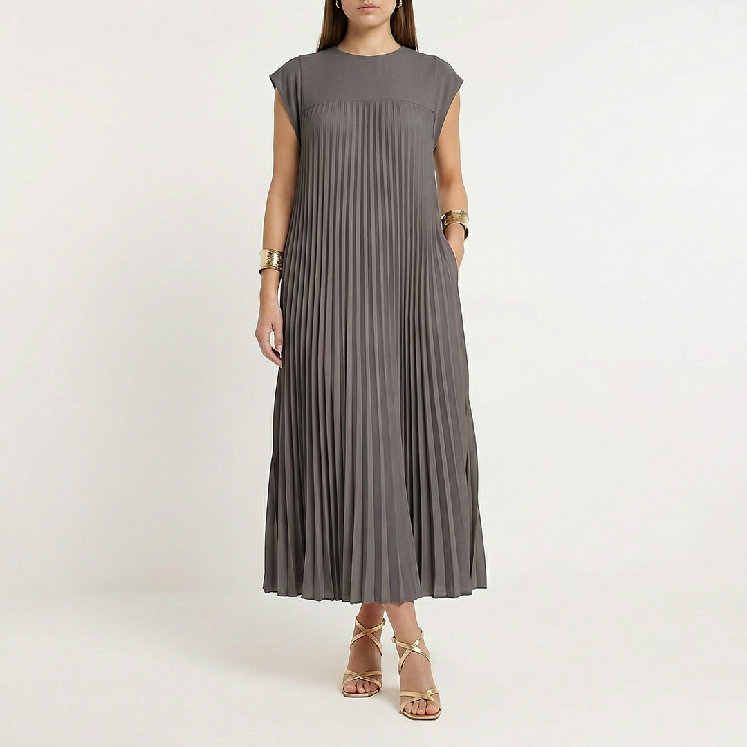 Pleated Maxi Dress Women - Cap Sleeve Crew Neck Flowy Summer Dress