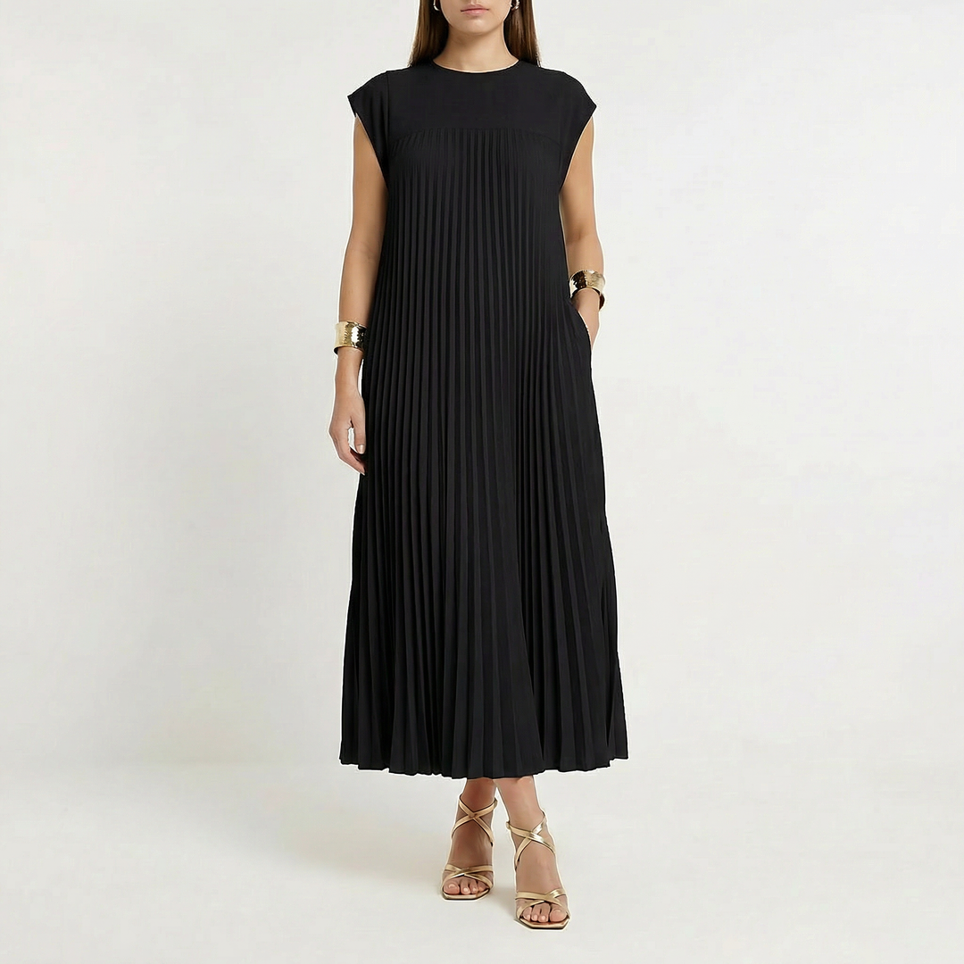 Pleated Maxi Dress Women - Cap Sleeve Crew Neck Flowy Summer Dress