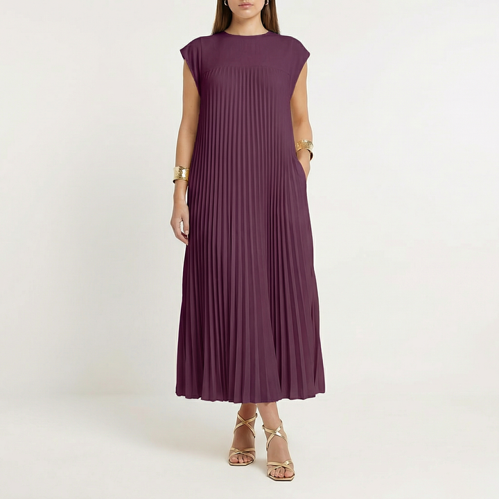 Pleated Maxi Dress Women - Cap Sleeve Crew Neck Flowy Summer Dress