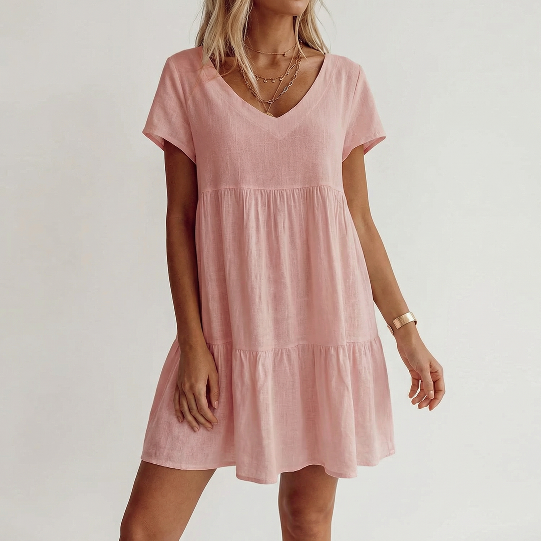 Linen Mini Dress Women - V Neck Short Sleeve Tiered Babydoll Summer Dress