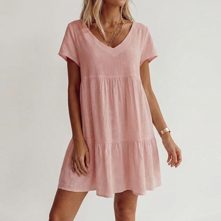 Linen Mini Dress Women - V Neck Short Sleeve Tiered Babydoll Summer Dress