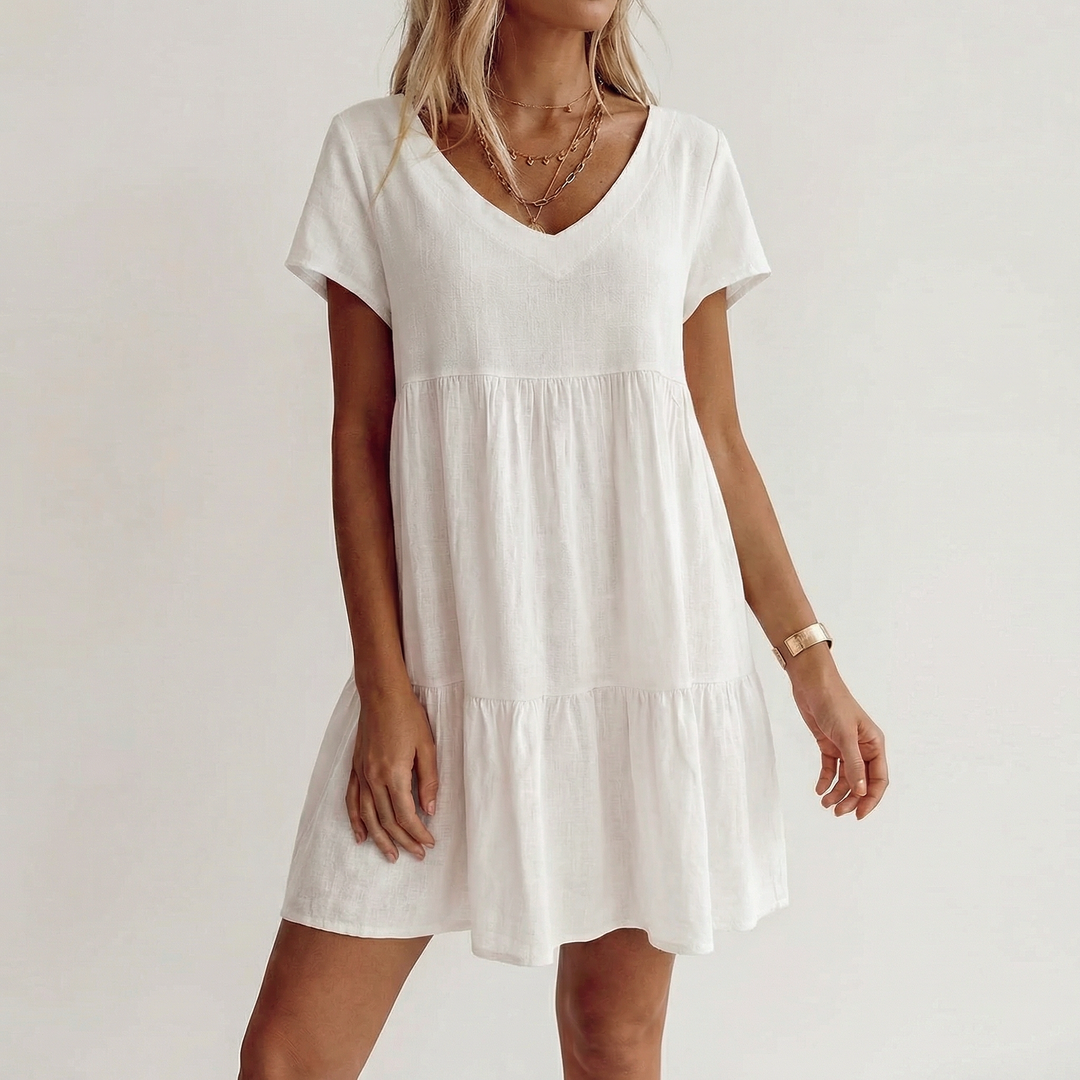 Linen Mini Dress Women - V Neck Short Sleeve Tiered Babydoll Summer Dress