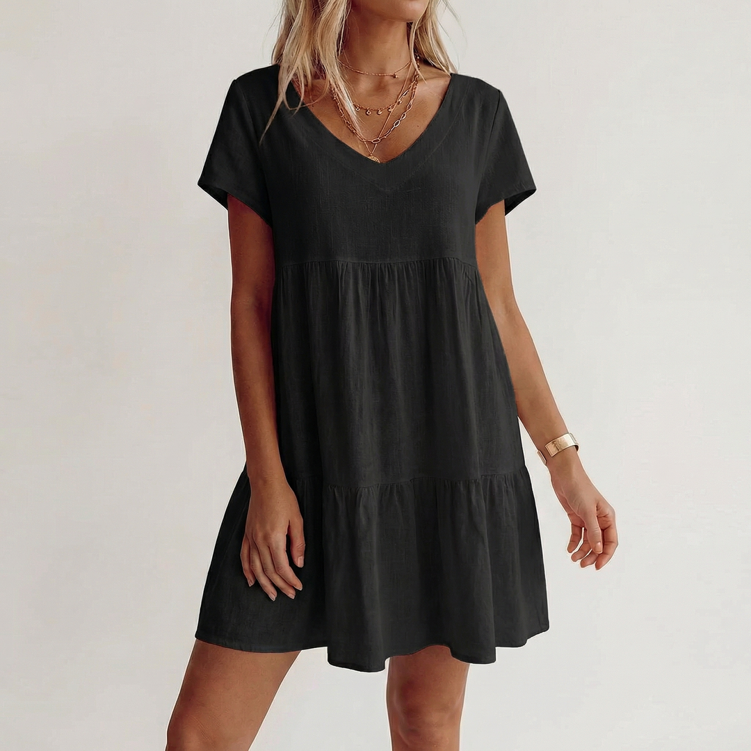 Linen Mini Dress Women - V Neck Short Sleeve Tiered Babydoll Summer Dress