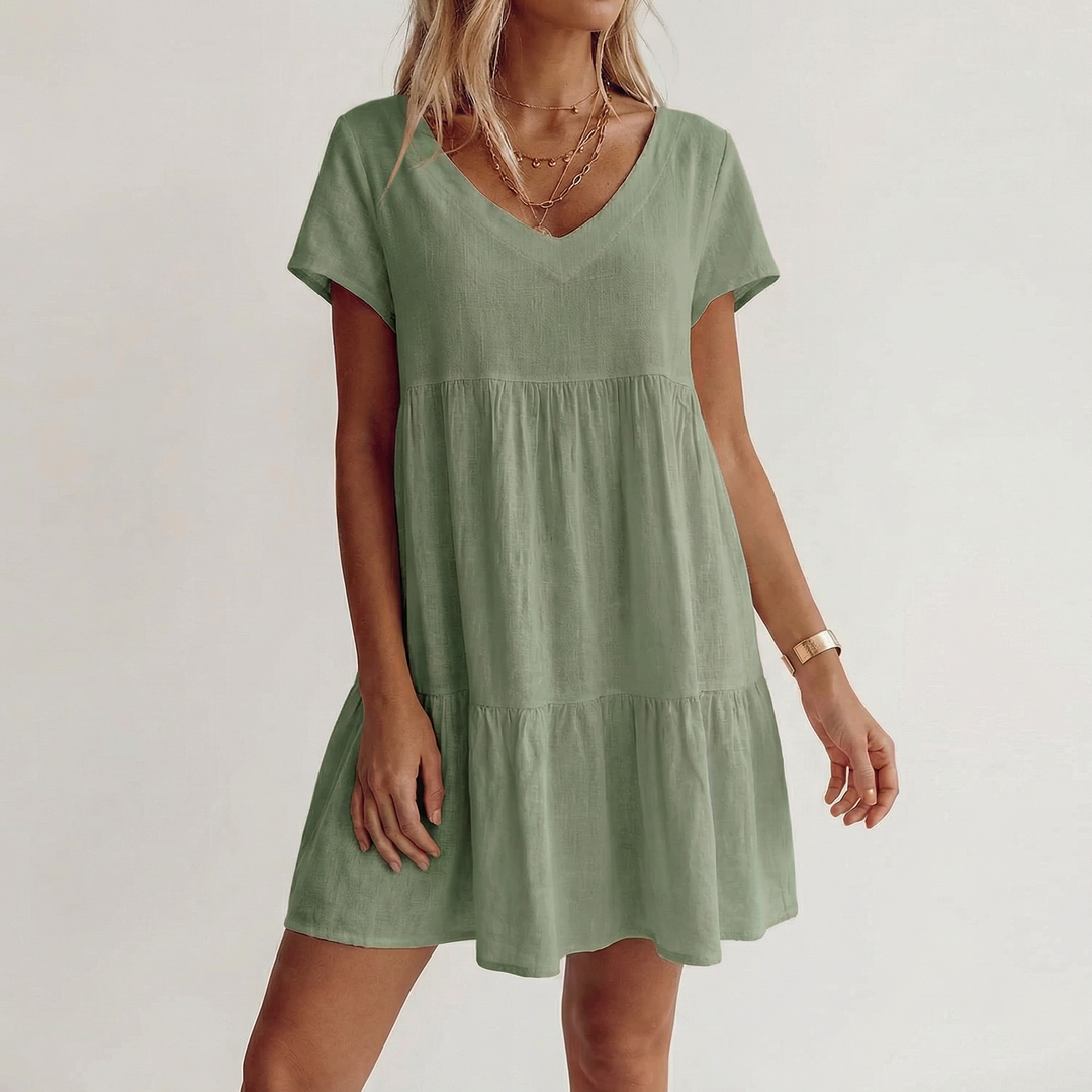 Linen Mini Dress Women - V Neck Short Sleeve Tiered Babydoll Summer Dress