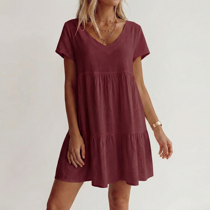 Linen Mini Dress Women - V Neck Short Sleeve Tiered Babydoll Summer Dress