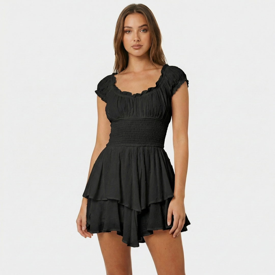 Smocked Mini Dress - Square Neck Tiered Ruffle