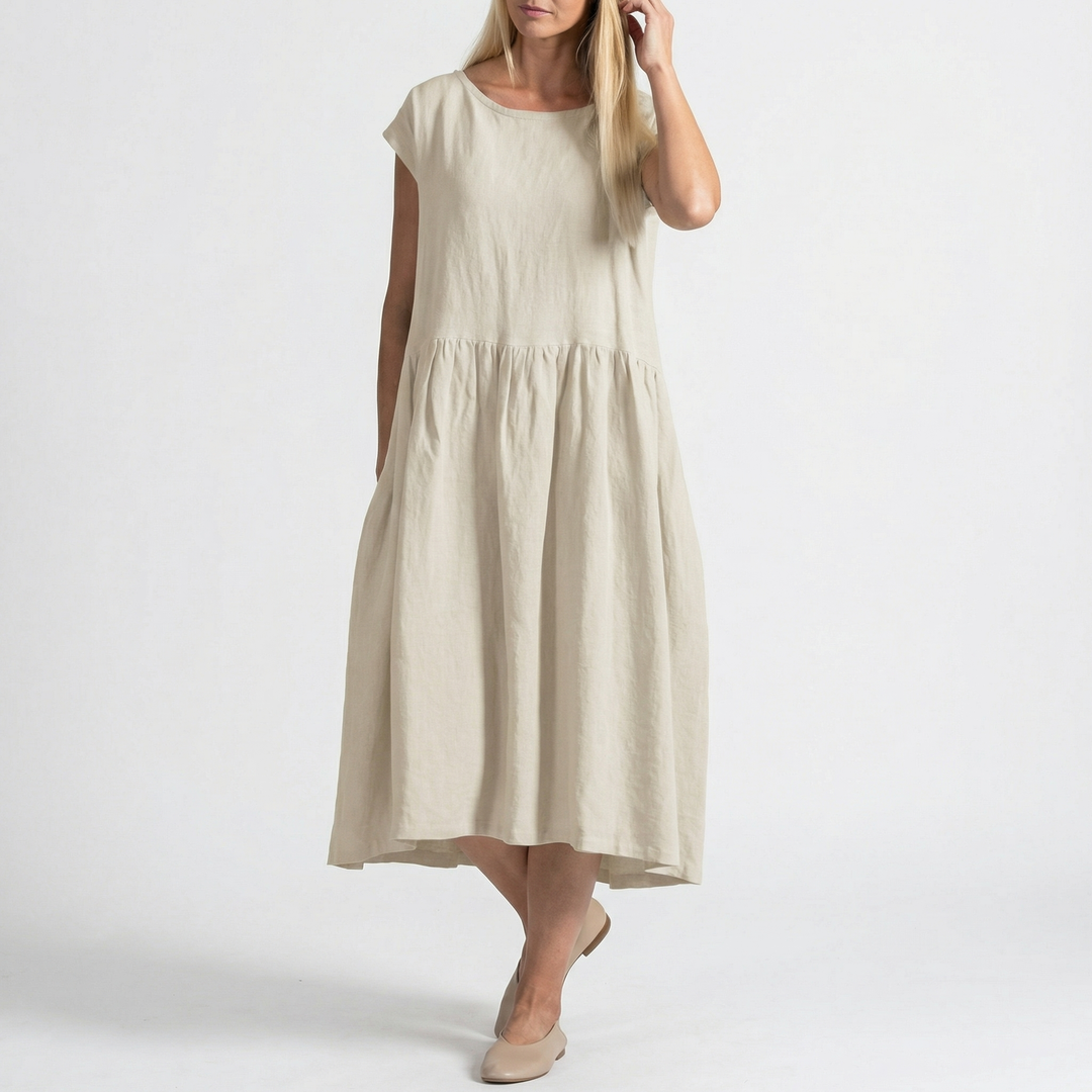 Linen Midi Dress - Cap Sleeve Drop Waist