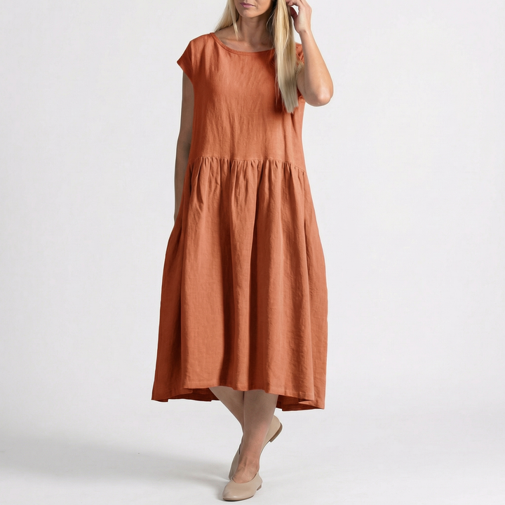 Linen Midi Dress - Cap Sleeve Drop Waist