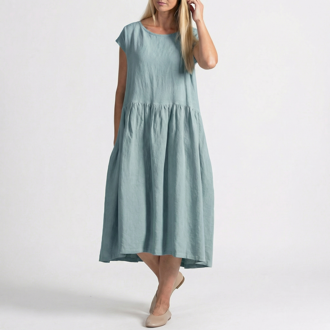 Linen Midi Dress - Cap Sleeve Drop Waist