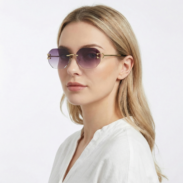 Rimless Sunglasses - Geometric Diamond Cut Lens