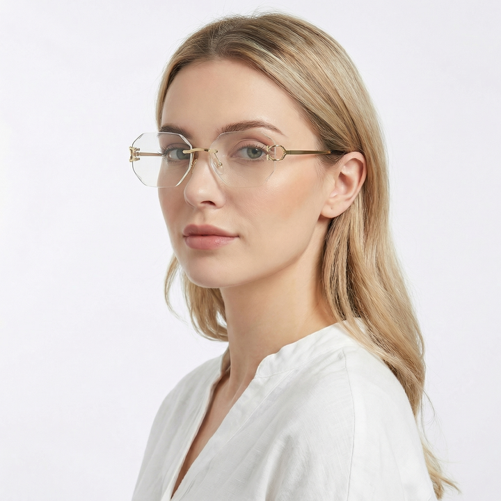Rimless Sunglasses - Geometric Diamond Cut Lens