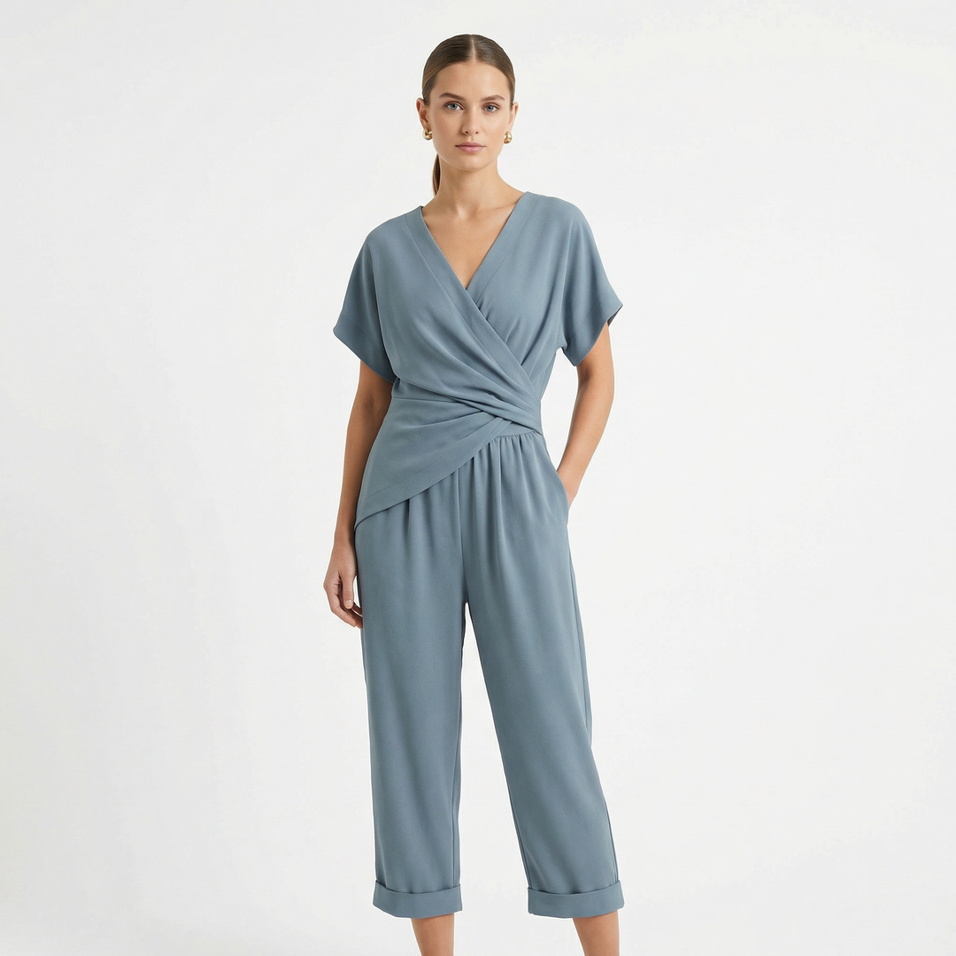 Wrap Front Jumpsuit - V Neck Short Sleeve Cropped