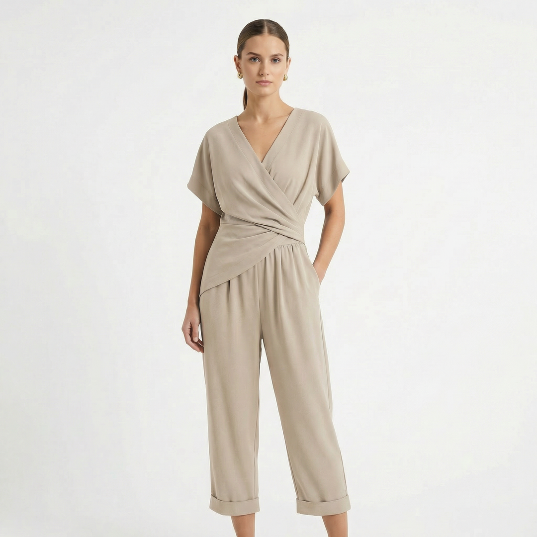 Wrap Front Jumpsuit - V Neck Short Sleeve Cropped