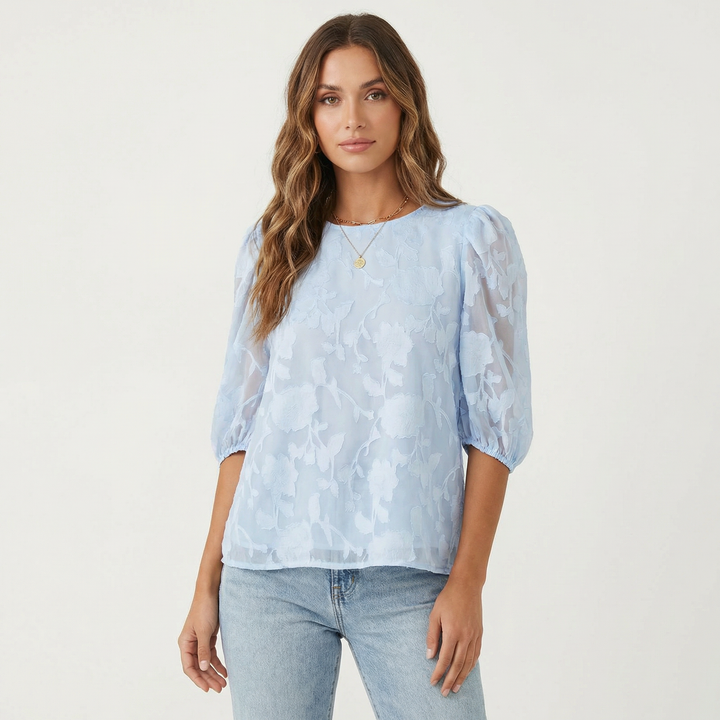 Sheer Blouse - Floral Burnout Puff Sleeve Top
