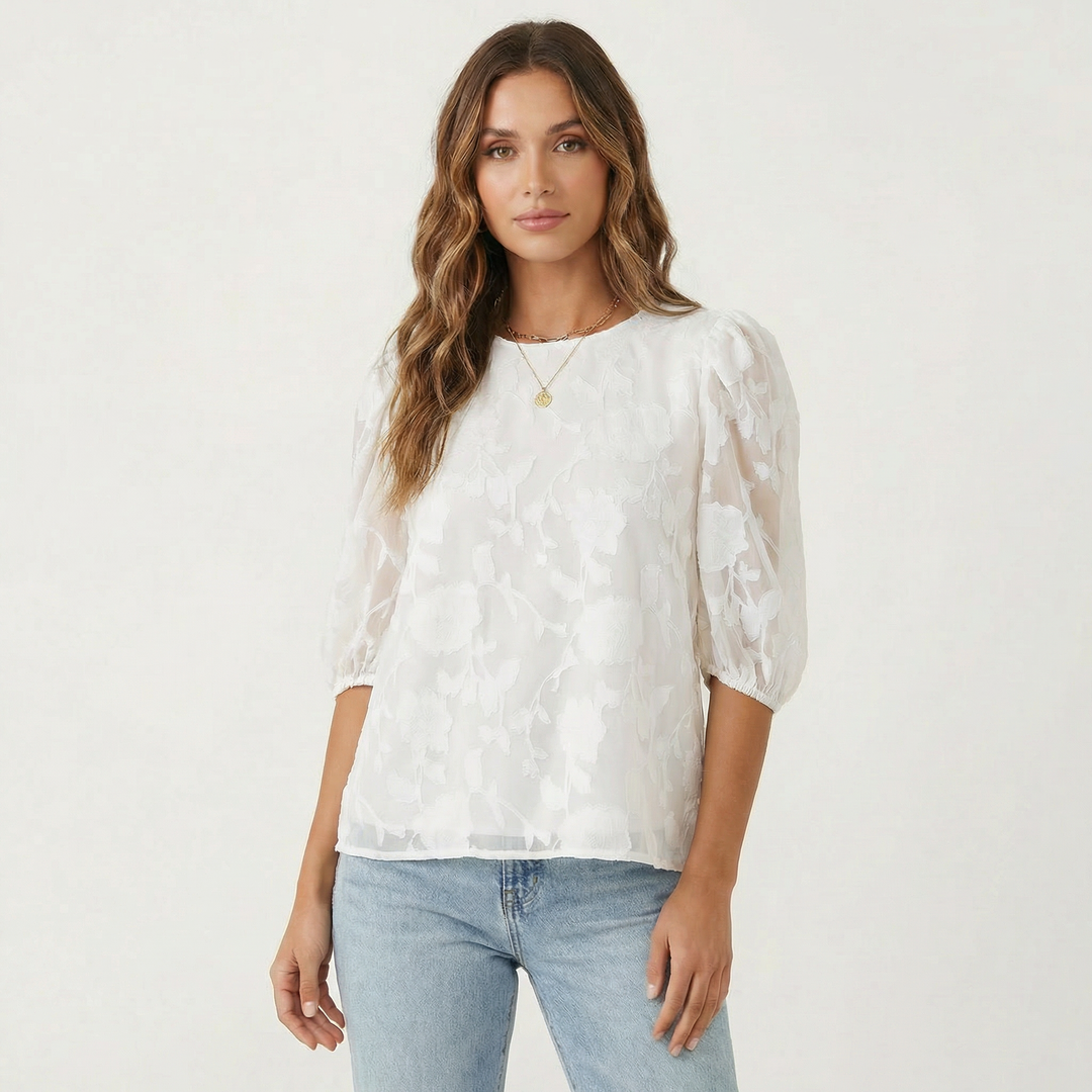 Sheer Blouse - Floral Burnout Puff Sleeve Top