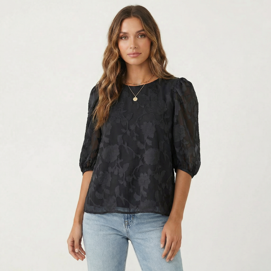 Sheer Blouse - Floral Burnout Puff Sleeve Top
