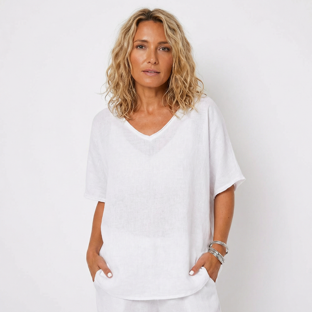 Linen Top - Oversized V Neck Short Sleeve