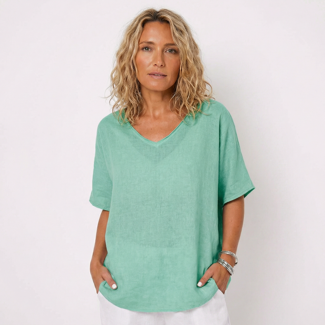 Linen Top - Oversized V Neck Short Sleeve