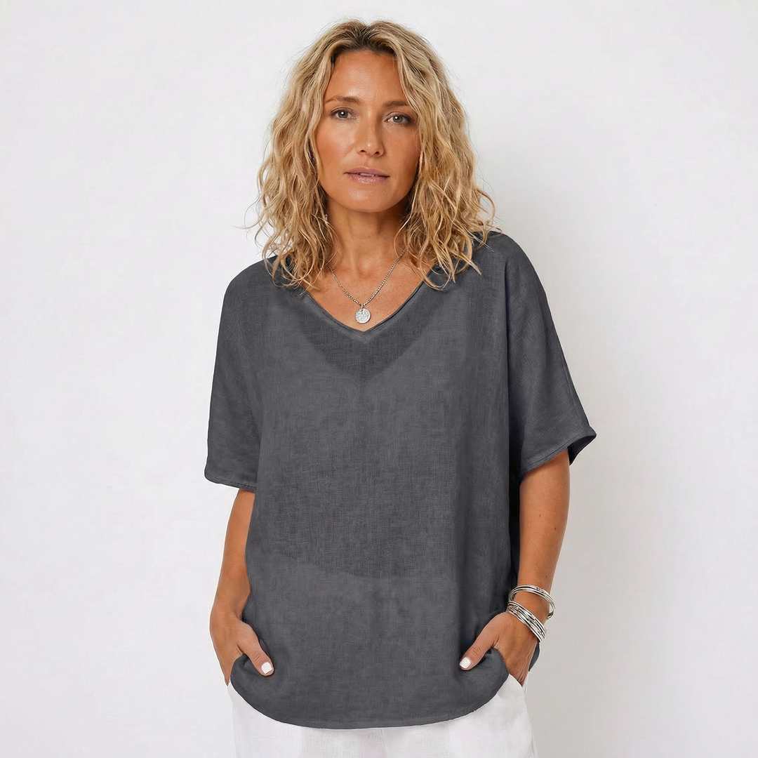 Linen Top - Oversized V Neck Short Sleeve