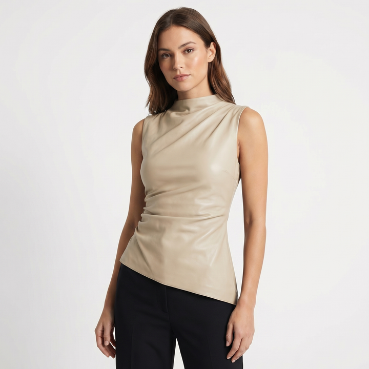 Faux Leather Mock Neck Top - Sleeveless Ruched